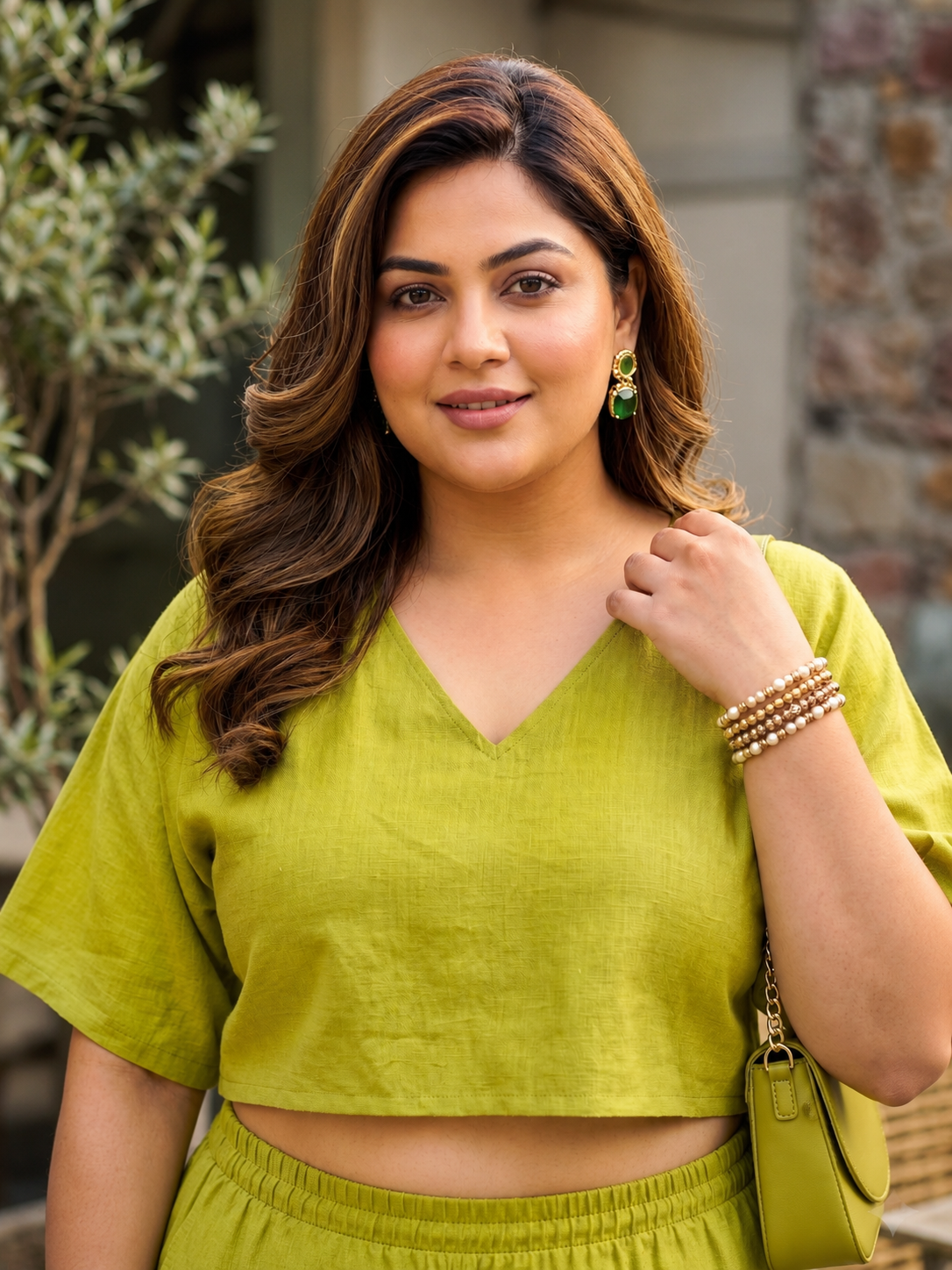 Green Solid Linen Crop Top & Wide Leg Pants Co-ord Set