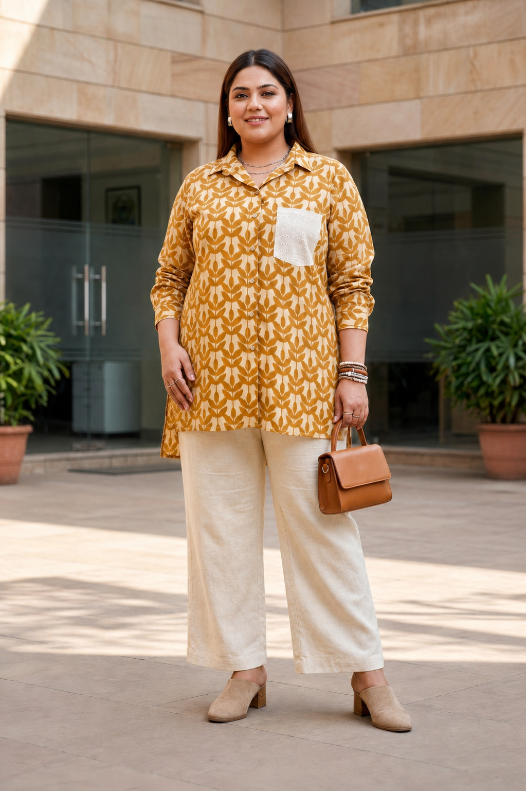 Mustard Yellow Ikat Leaf Print Cotton Cambric Longline Shirt Top