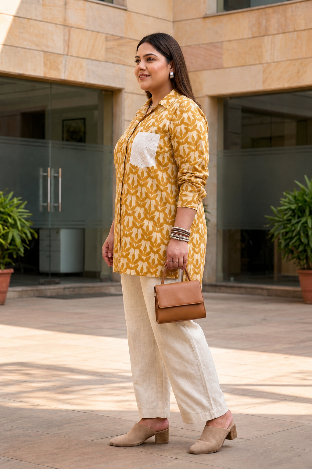 Mustard Yellow Ikat Leaf Print Cotton Cambric Longline Shirt Top