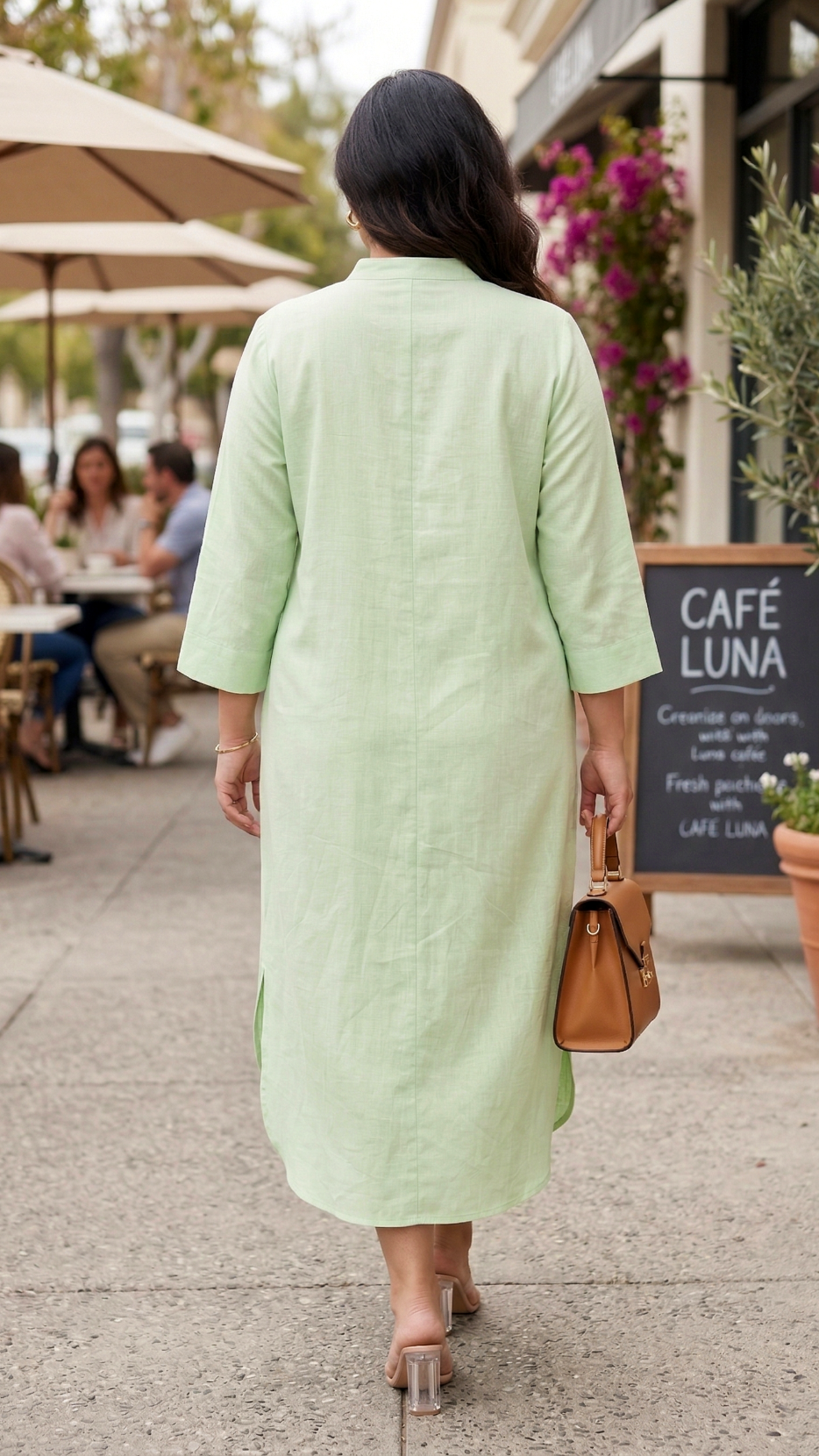 Plus Size Mint Green Linen Shirt Dress – Front Open Button Style