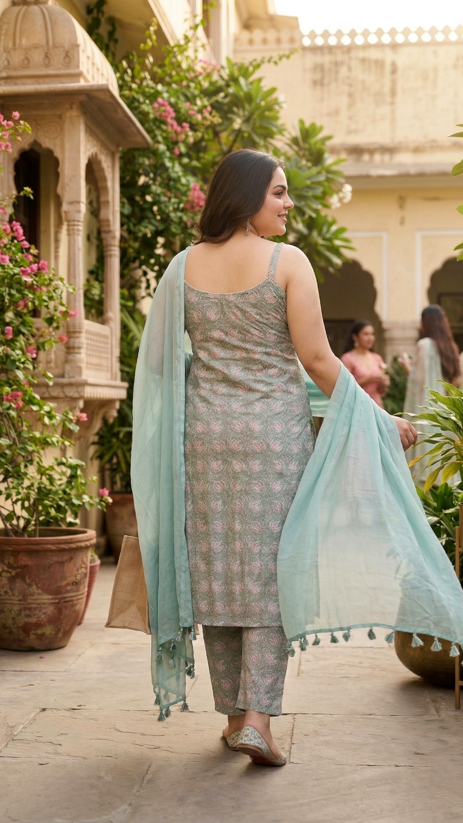 Plus Size Green Cotton Kurta Set with Dupatta – Floral Printed Set
