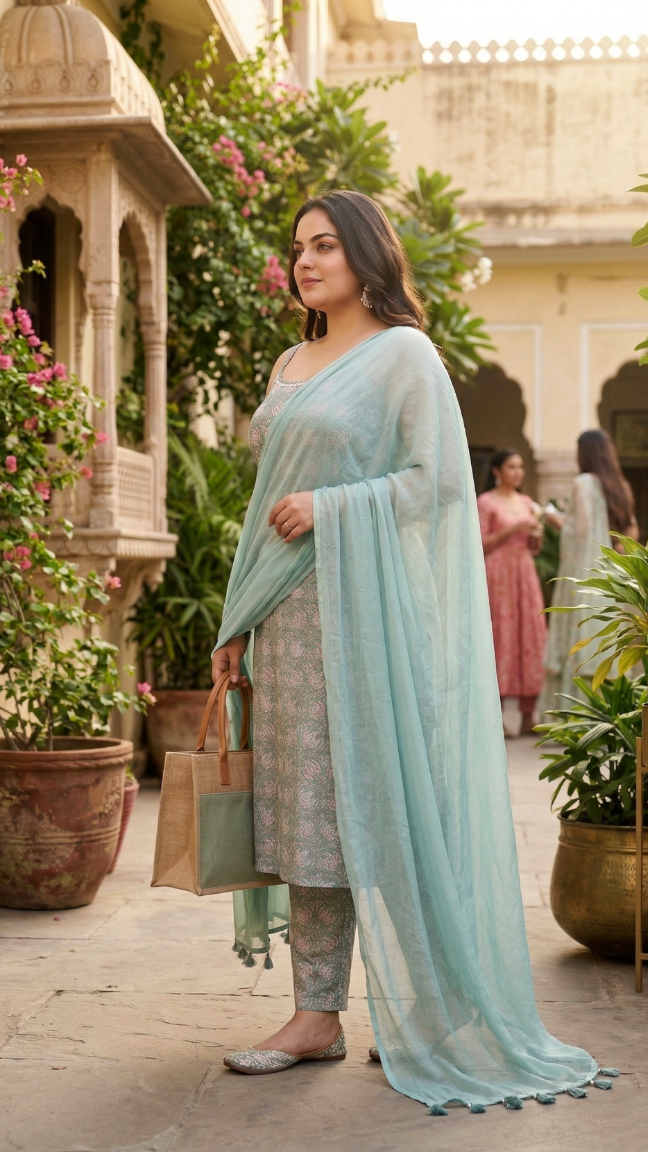 Plus Size Green Cotton Kurta Set with Dupatta – Floral Printed Set