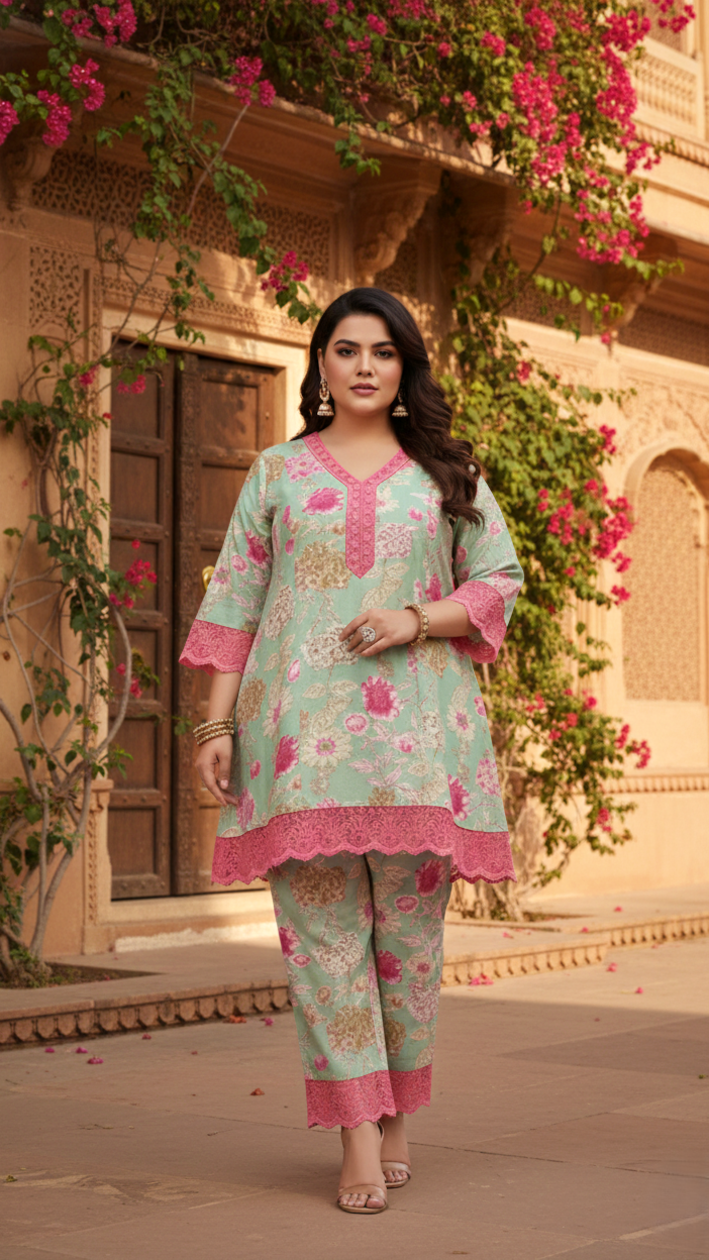 Mint And Pink Organza Lace Co-ord Set