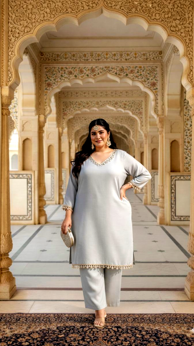 Sand Beige Silk Kurta Set with Mirror Lace