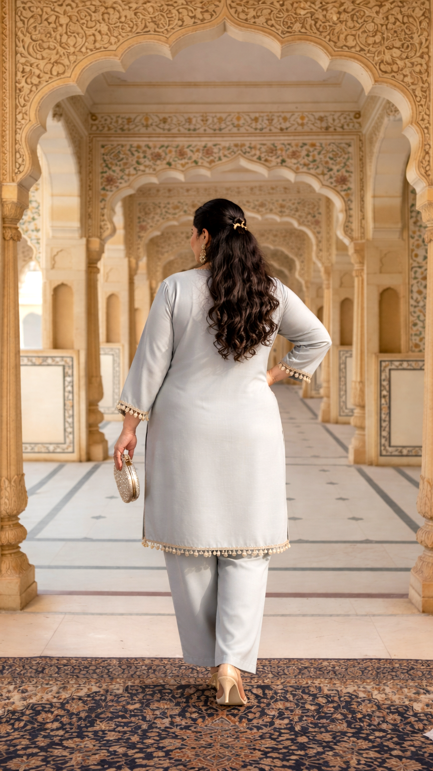 Sand Beige Silk Kurta Set with Mirror Lace