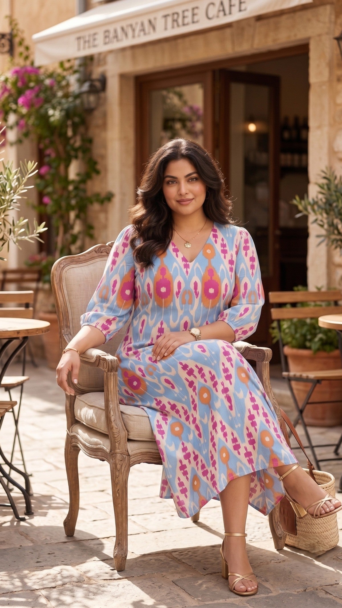 Plus Size Cotton Printed Dress for Women | Blue & Pink Ikat Print Midi Dress