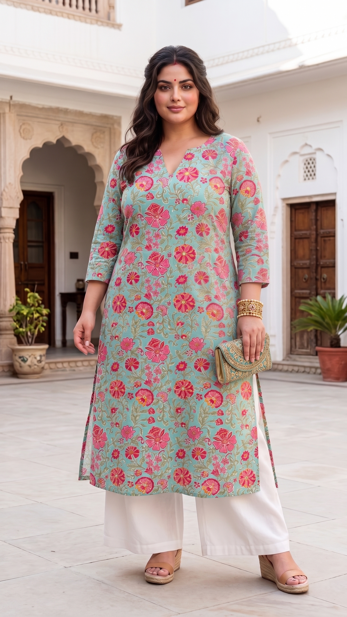 Plus Size Cotton Printed Kurta – Blue Floral Straight Fit Kurta