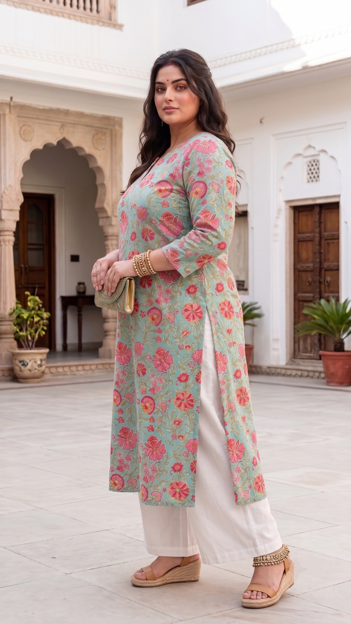 Plus Size Cotton Printed Kurta – Blue Floral Straight Fit Kurta