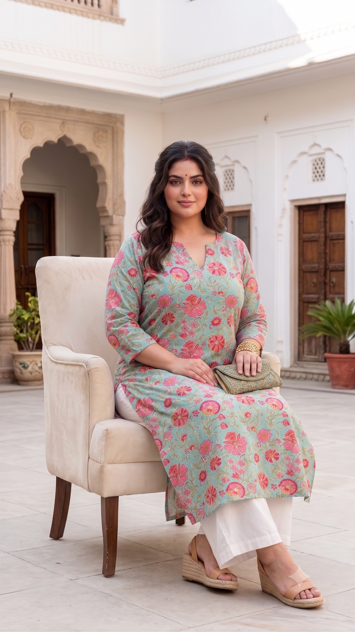 Plus Size Cotton Printed Kurta – Blue Floral Straight Fit Kurta