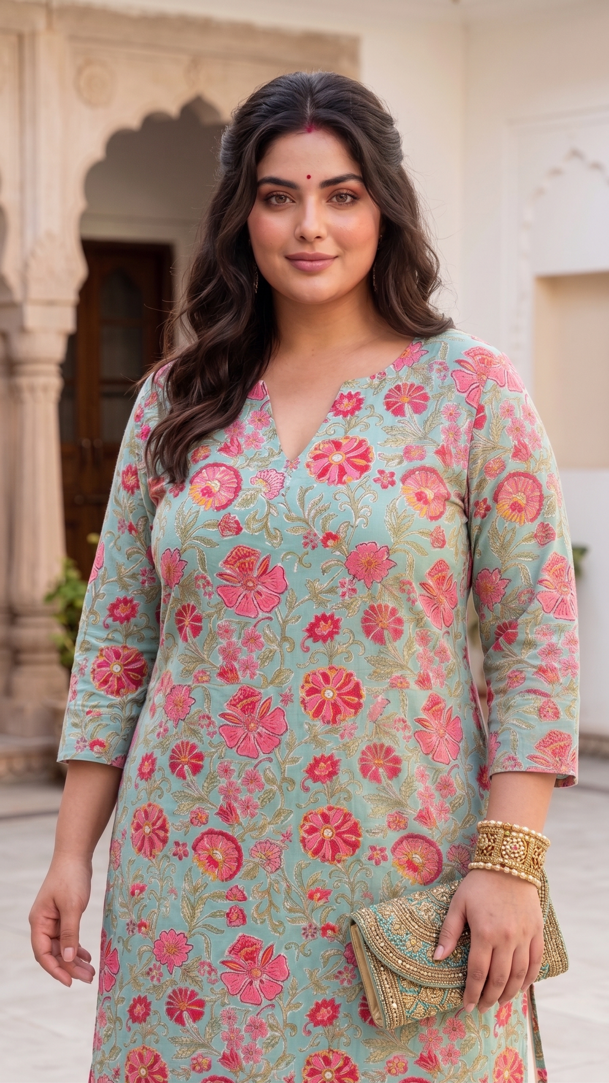 Plus Size Cotton Printed Kurta – Blue Floral Straight Fit Kurta