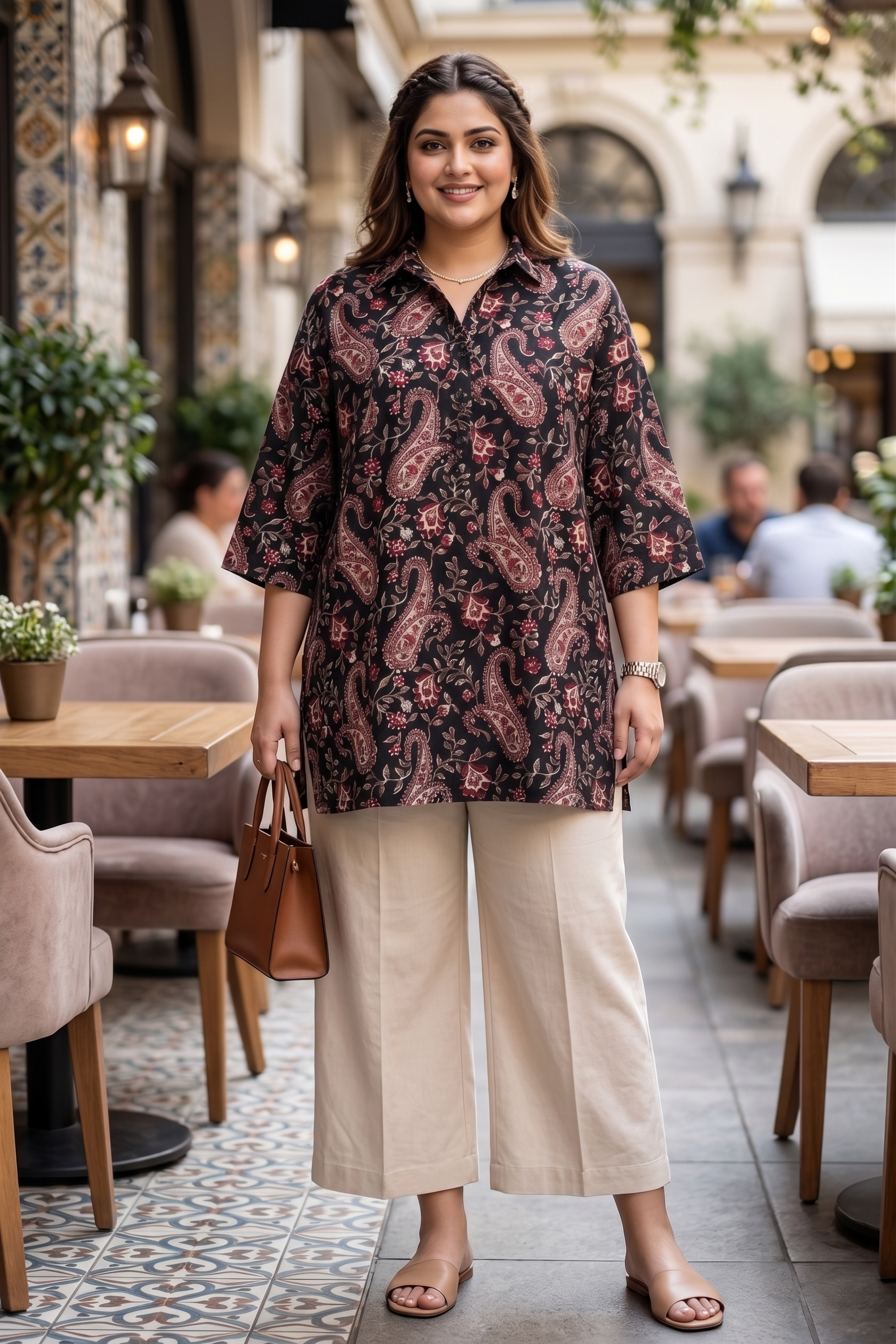 Plus Size Black Paisley Printed Cotton Shirt for Women | Collared Button-Down Shirt