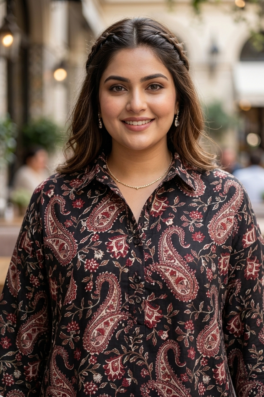Plus Size Black Paisley Printed Cotton Shirt for Women | Collared Button-Down Shirt
