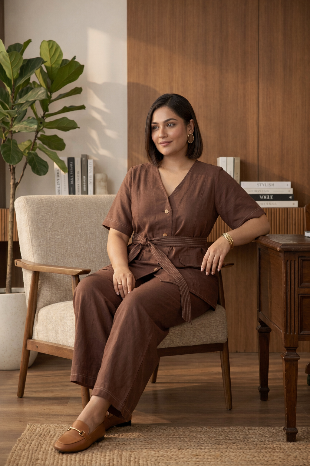 Bossy Mocha Brown Belted Linen Co-ord Set- Jacket Top & Bottom