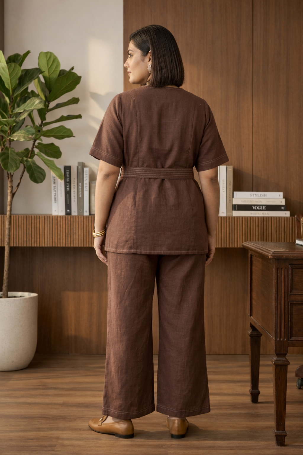 Bossy Mocha Brown Belted Linen Co-ord Set- Jacket Top & Bottom