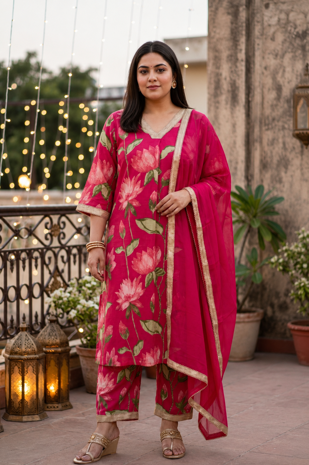 Pink Lotus Print Cotton Cambric Kurta Set with Dupatta