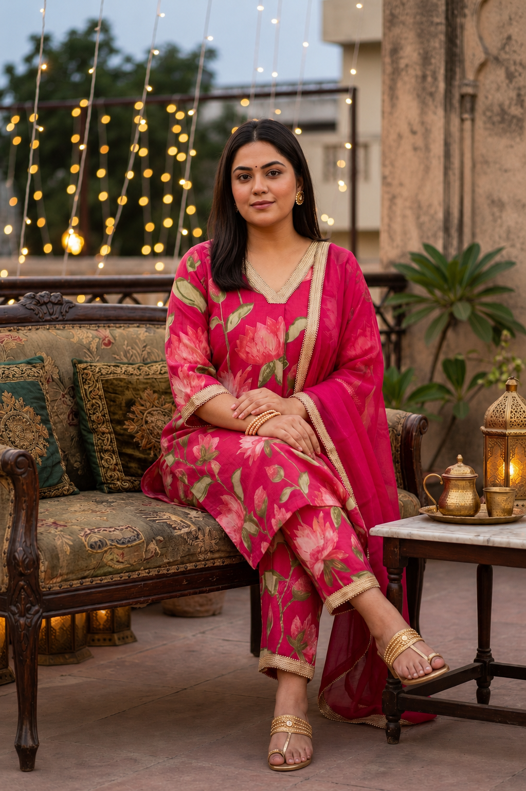 Pink Lotus Print Cotton Cambric Kurta Set with Dupatta
