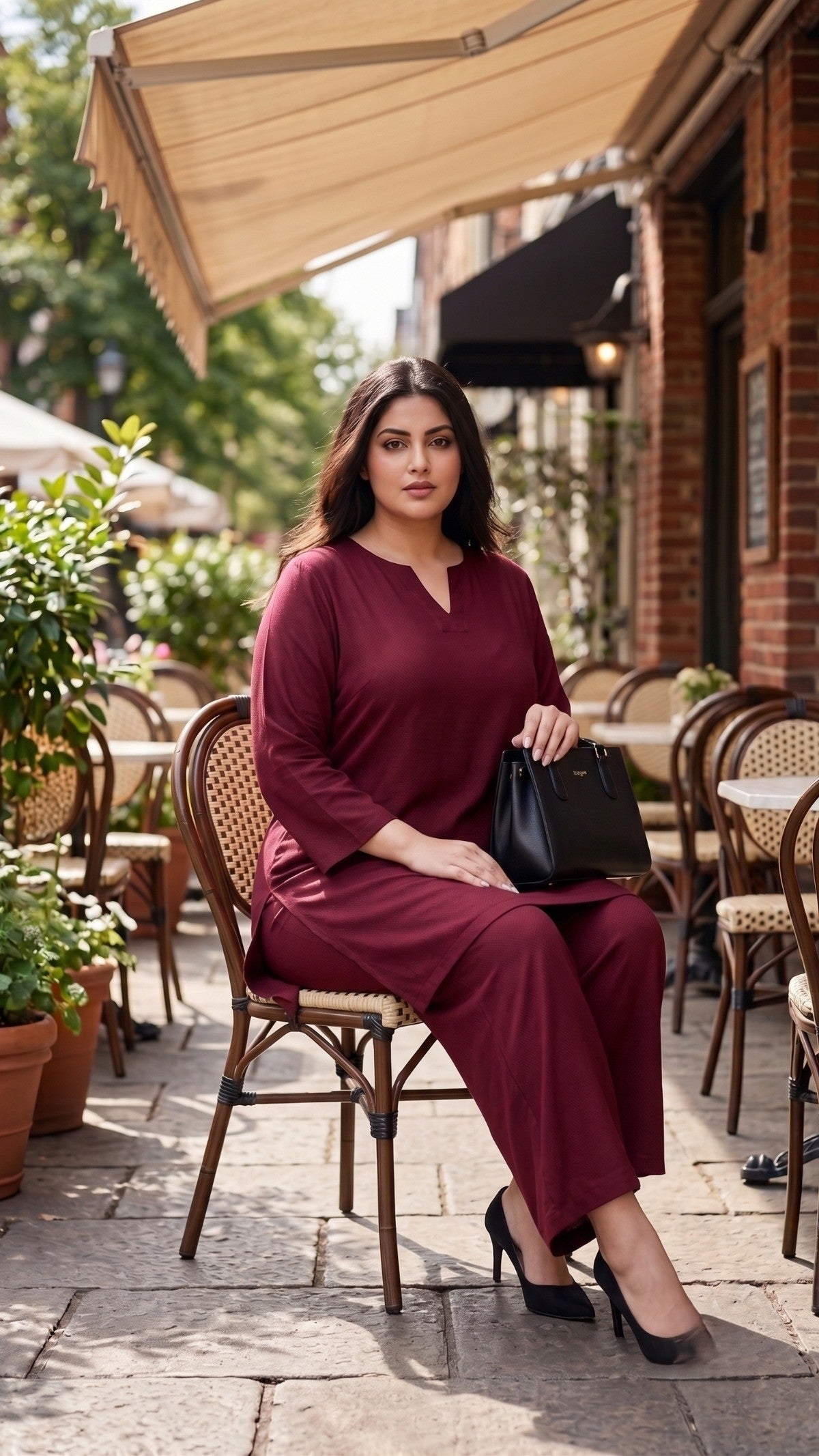 Plus Size Maroon Rayon Co-ord Set for Women | 3/4 Sleeve Kurta & Wide-Leg Pants