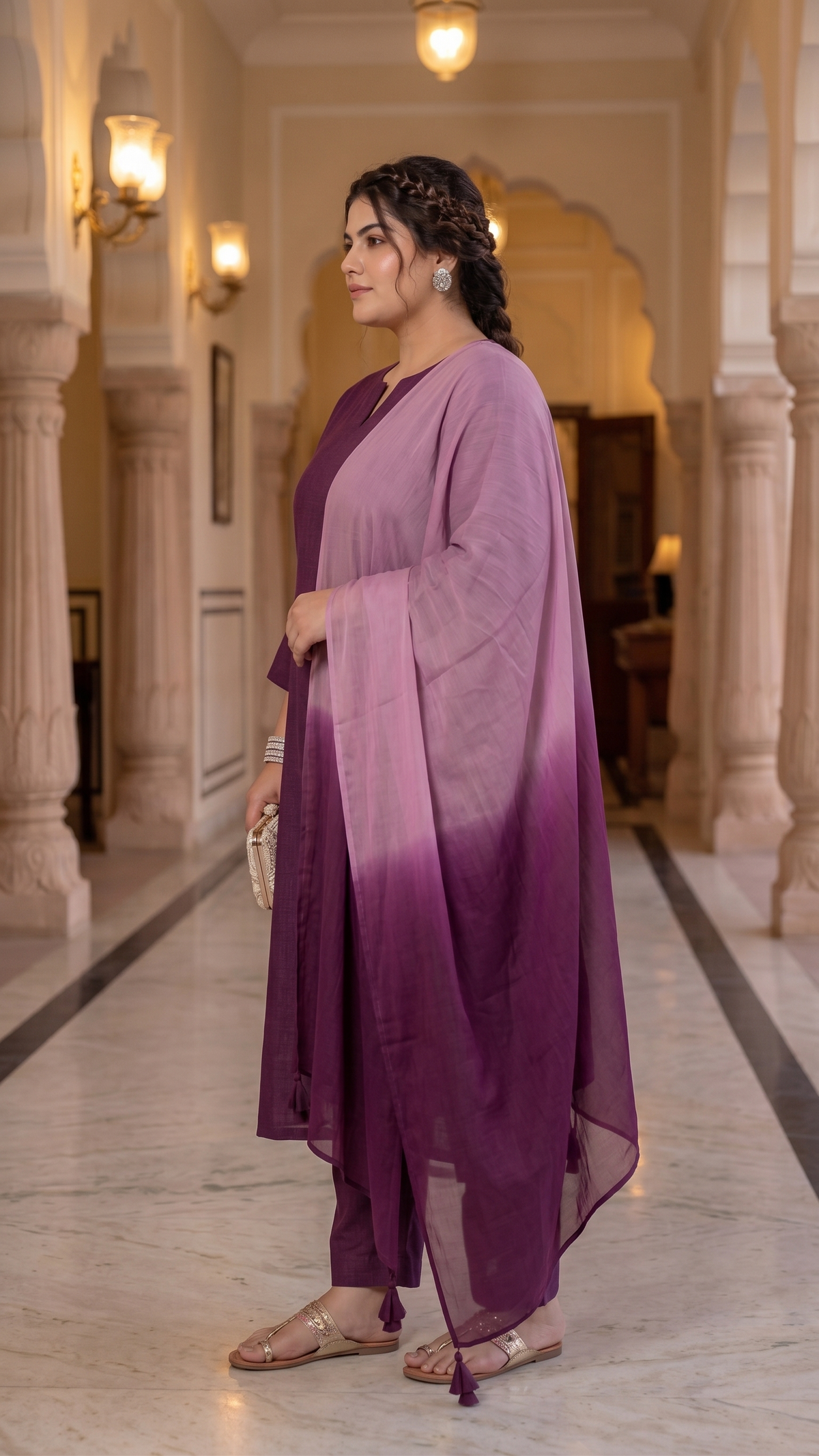 Plus Size Rayon Dupatta Set – Wine Kurta, Pant & Organza Dupatta