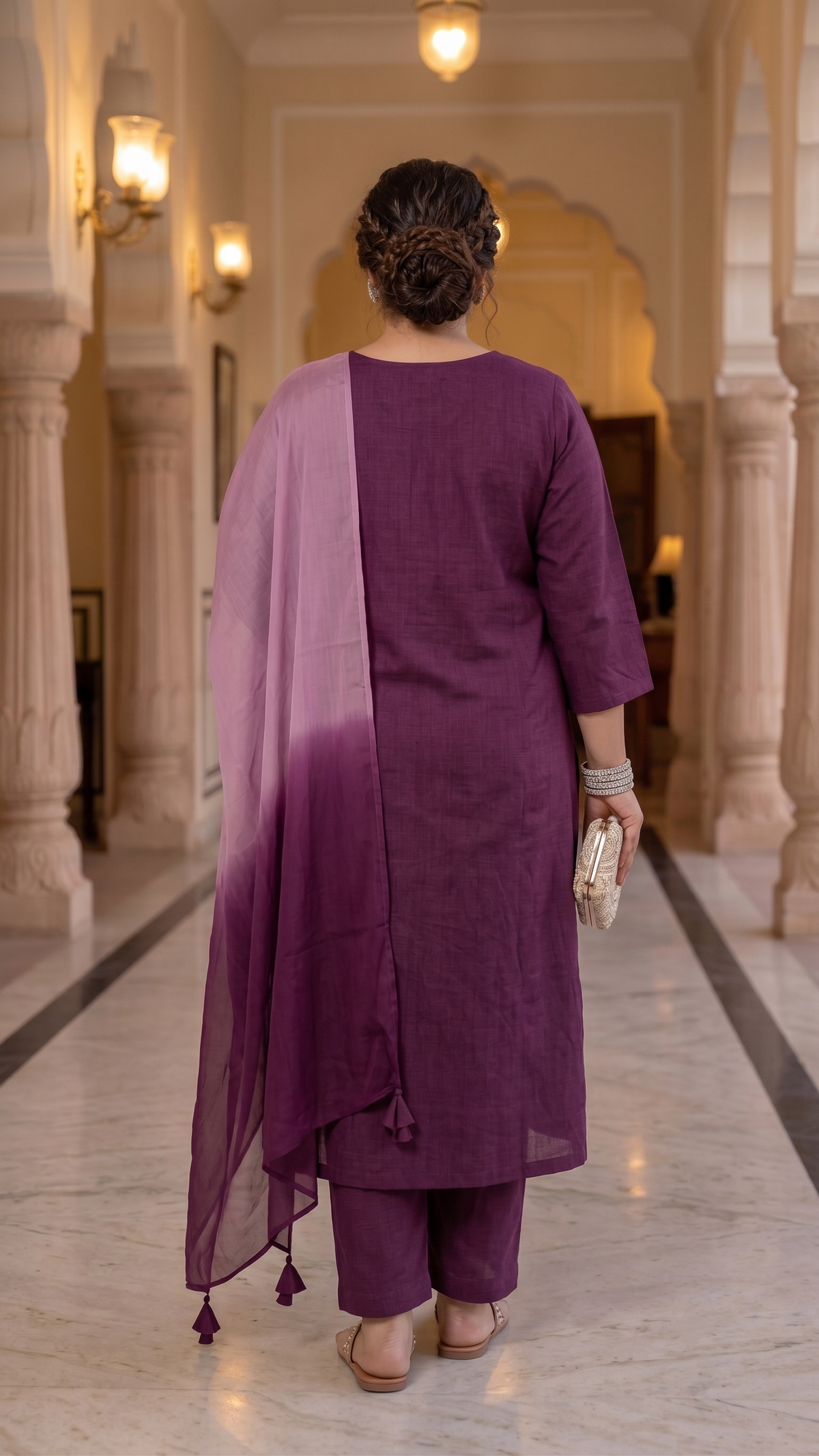 Plus Size Rayon Dupatta Set – Wine Kurta, Pant & Organza Dupatta