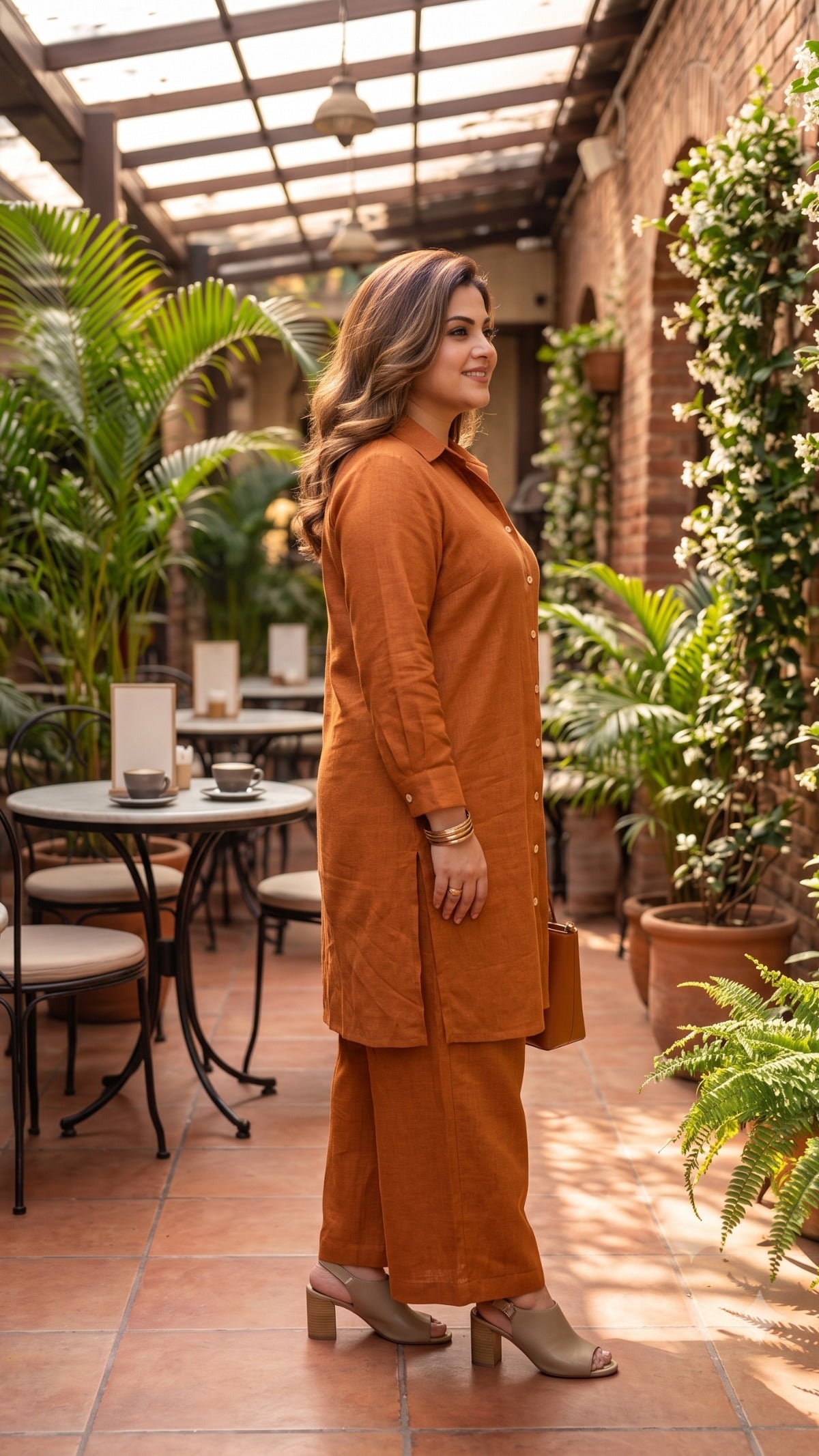 Plus Size Rust Cotton Co-ord Set for Women | Solid Button-Down Kurta with Wide-Leg Pants