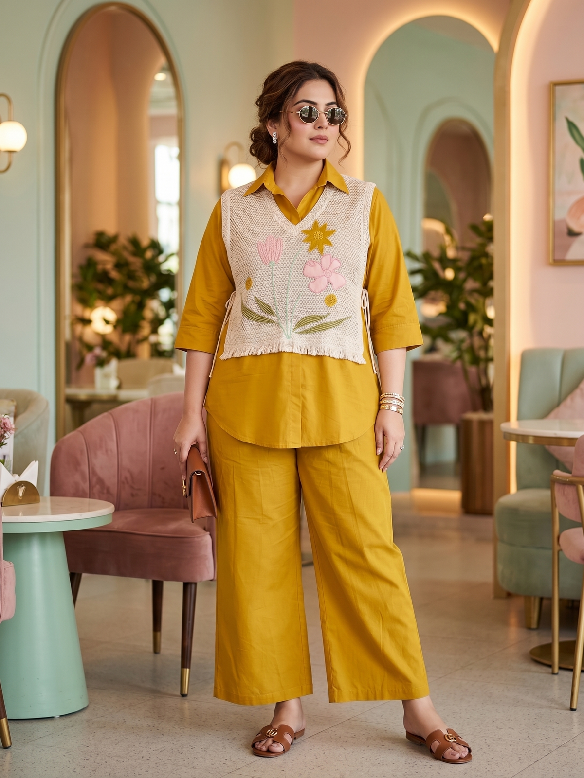 Plus Size Mustard 100% Cotton Co-ord Set with Jute Jacket – Embroidered Layered Set