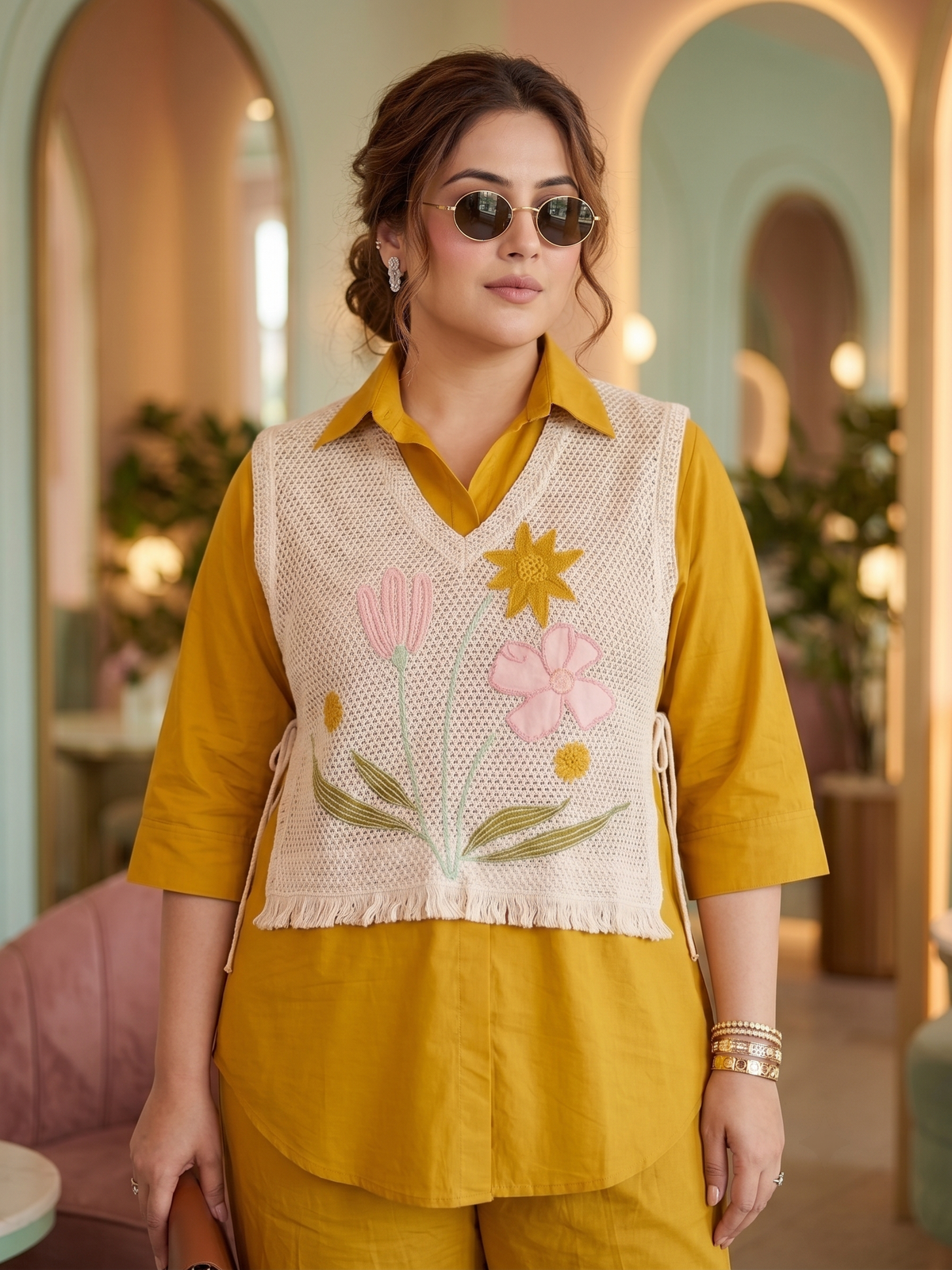 Plus Size Mustard 100% Cotton Co-ord Set with Jute Jacket – Embroidered Layered Set