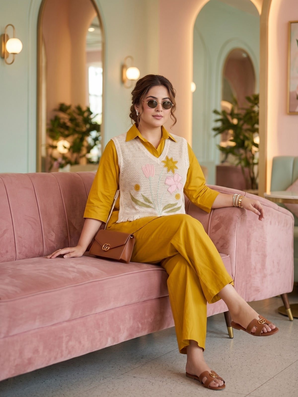 Plus Size Mustard 100% Cotton Co-ord Set with Jute Jacket – Embroidered Layered Set
