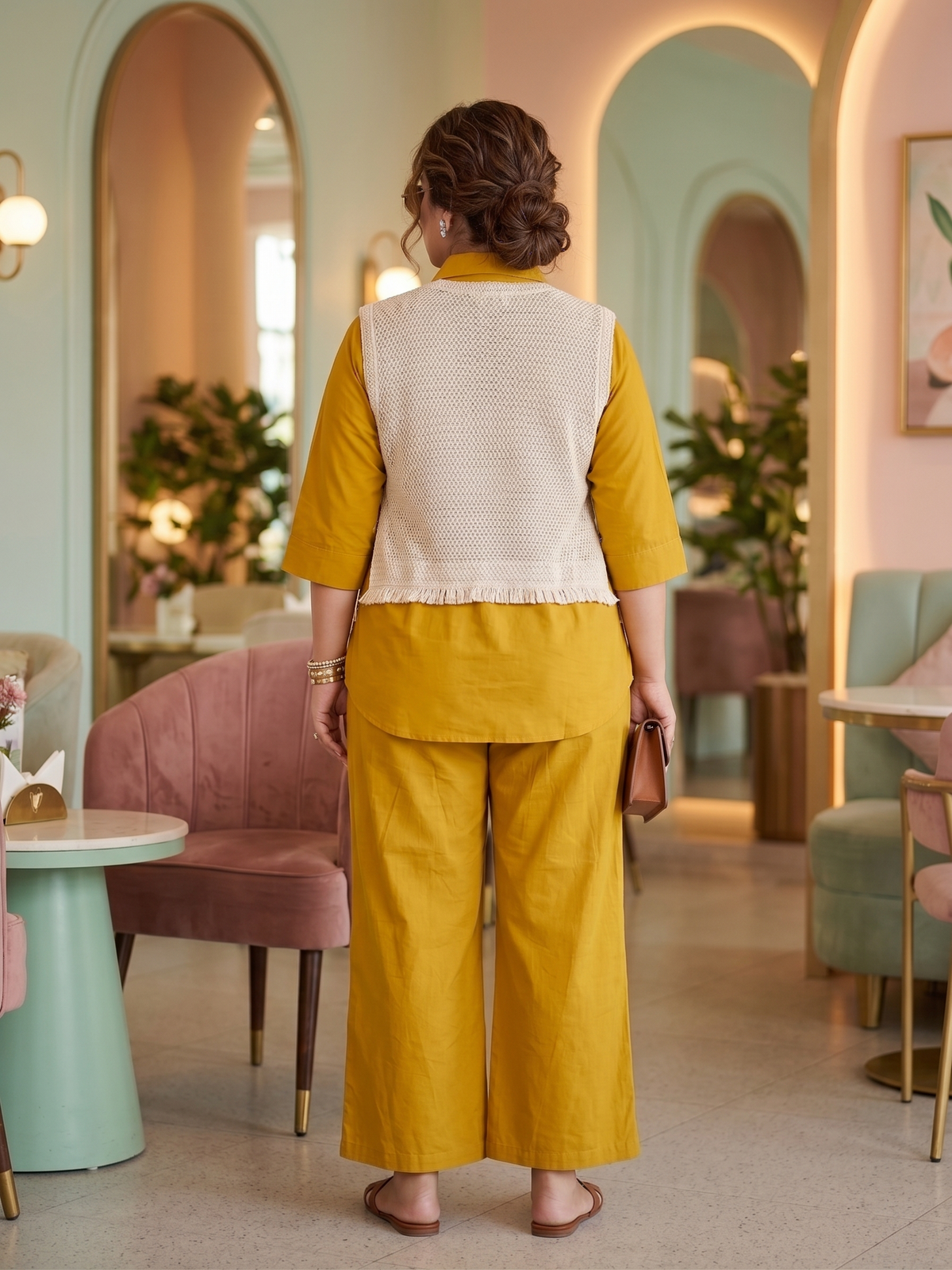 Plus Size Mustard 100% Cotton Co-ord Set with Jute Jacket – Embroidered Layered Set