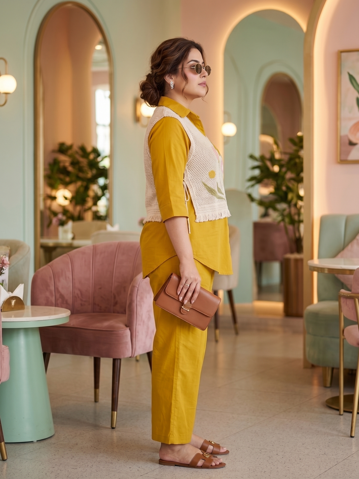 Plus Size Mustard 100% Cotton Co-ord Set with Jute Jacket – Embroidered Layered Set