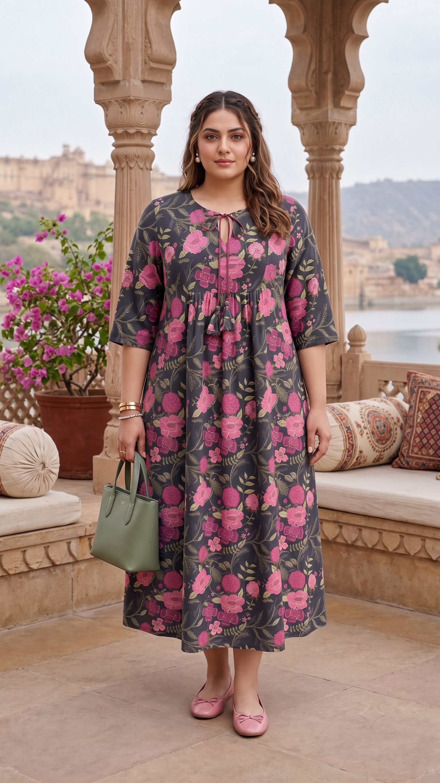 Plus Size Charcoal Floral Printed Cotton Dress for Women | Tie-Up Neck Tiered Midi Dress