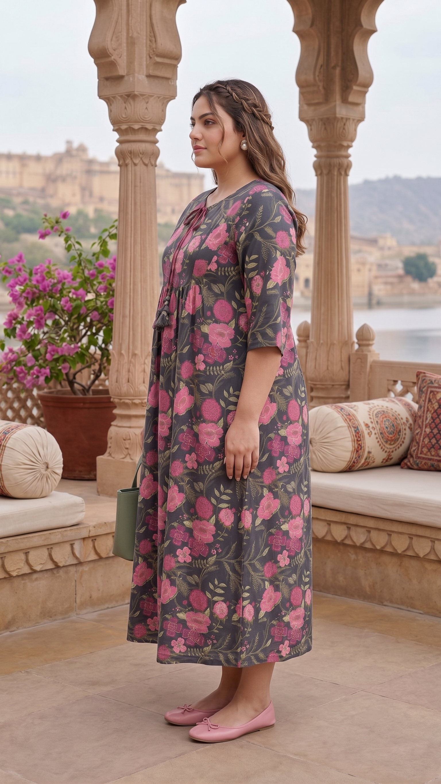 Plus Size Charcoal Floral Printed Cotton Dress for Women | Tie-Up Neck Tiered Midi Dress