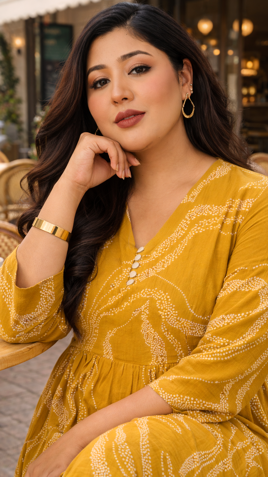 Abstract Print Mustard Cotton Midi Dress