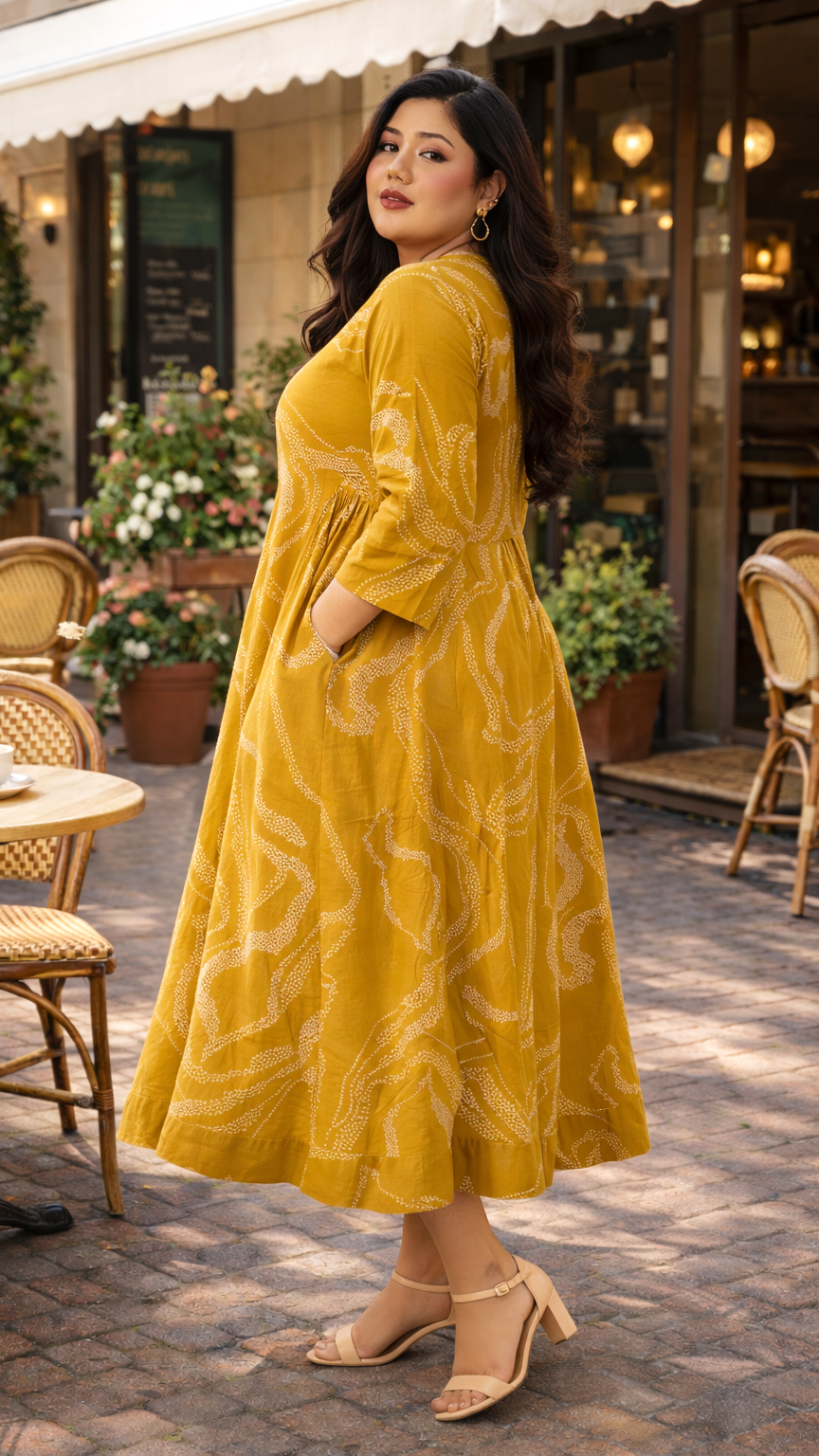 Abstract Print Mustard Cotton Midi Dress