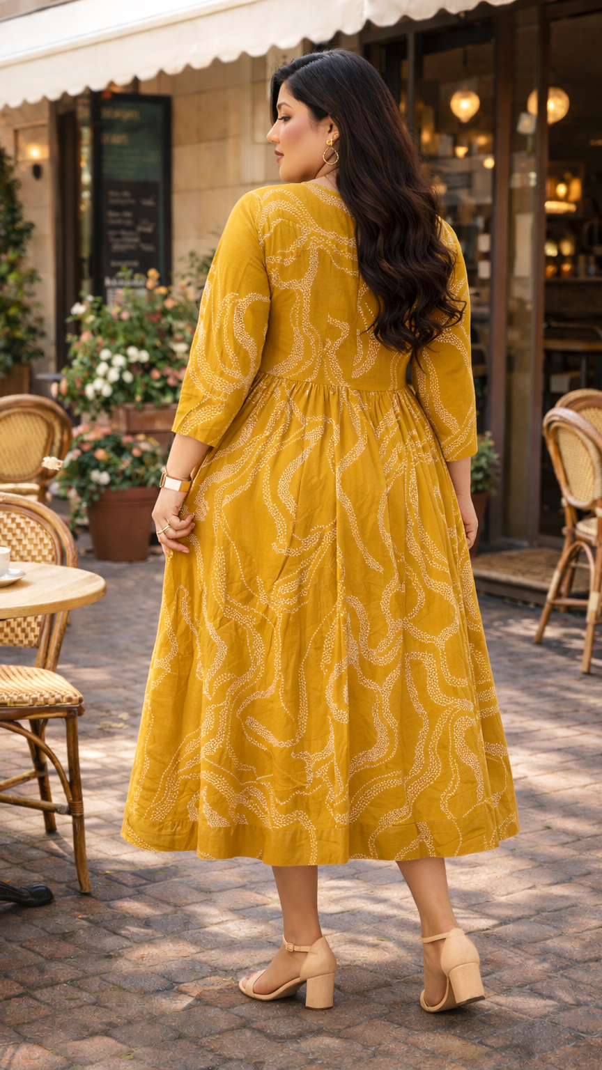 Abstract Print Mustard Cotton Midi Dress