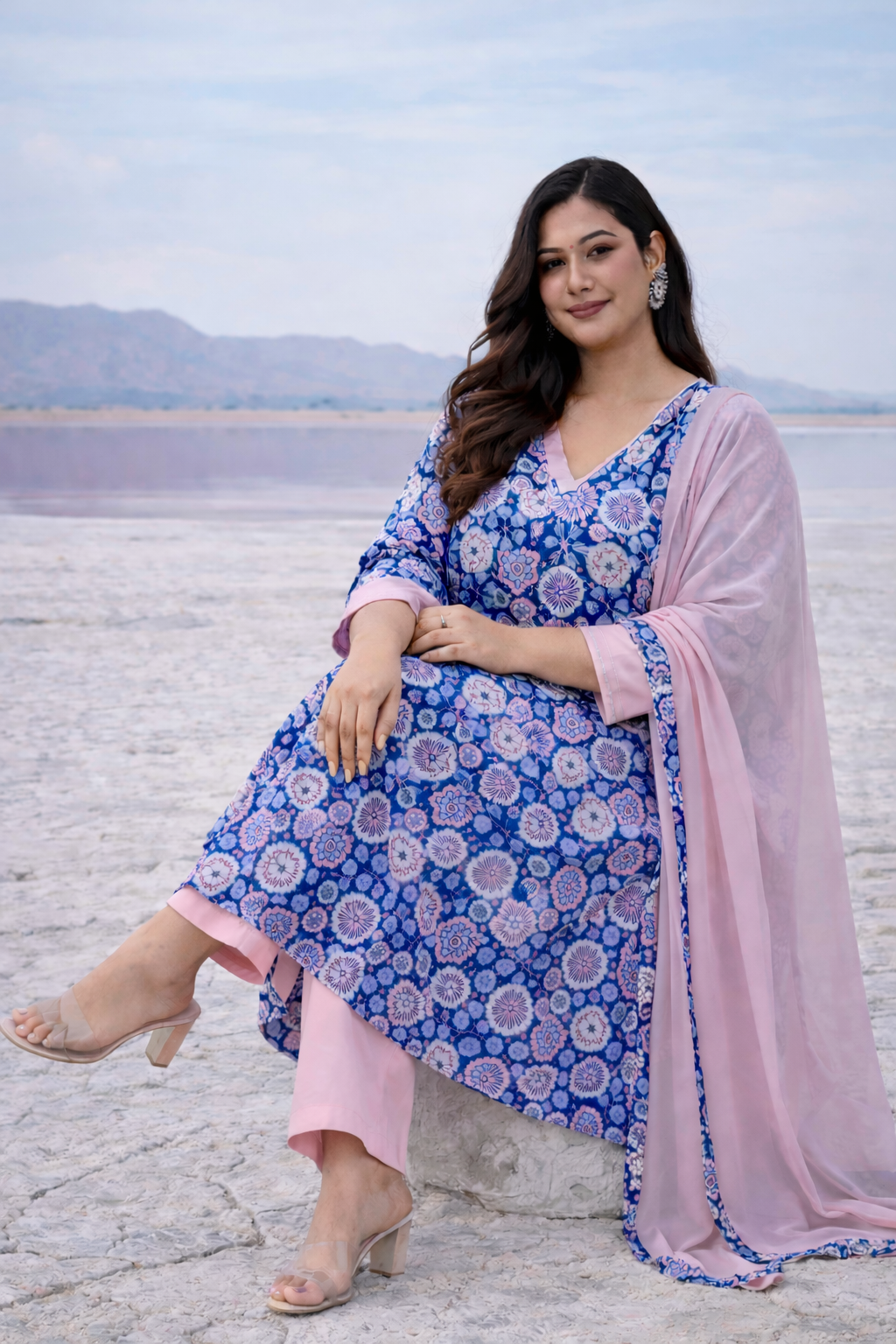 Navy Blue And Pink Contrast Kurta Suit Set (3 Pc)