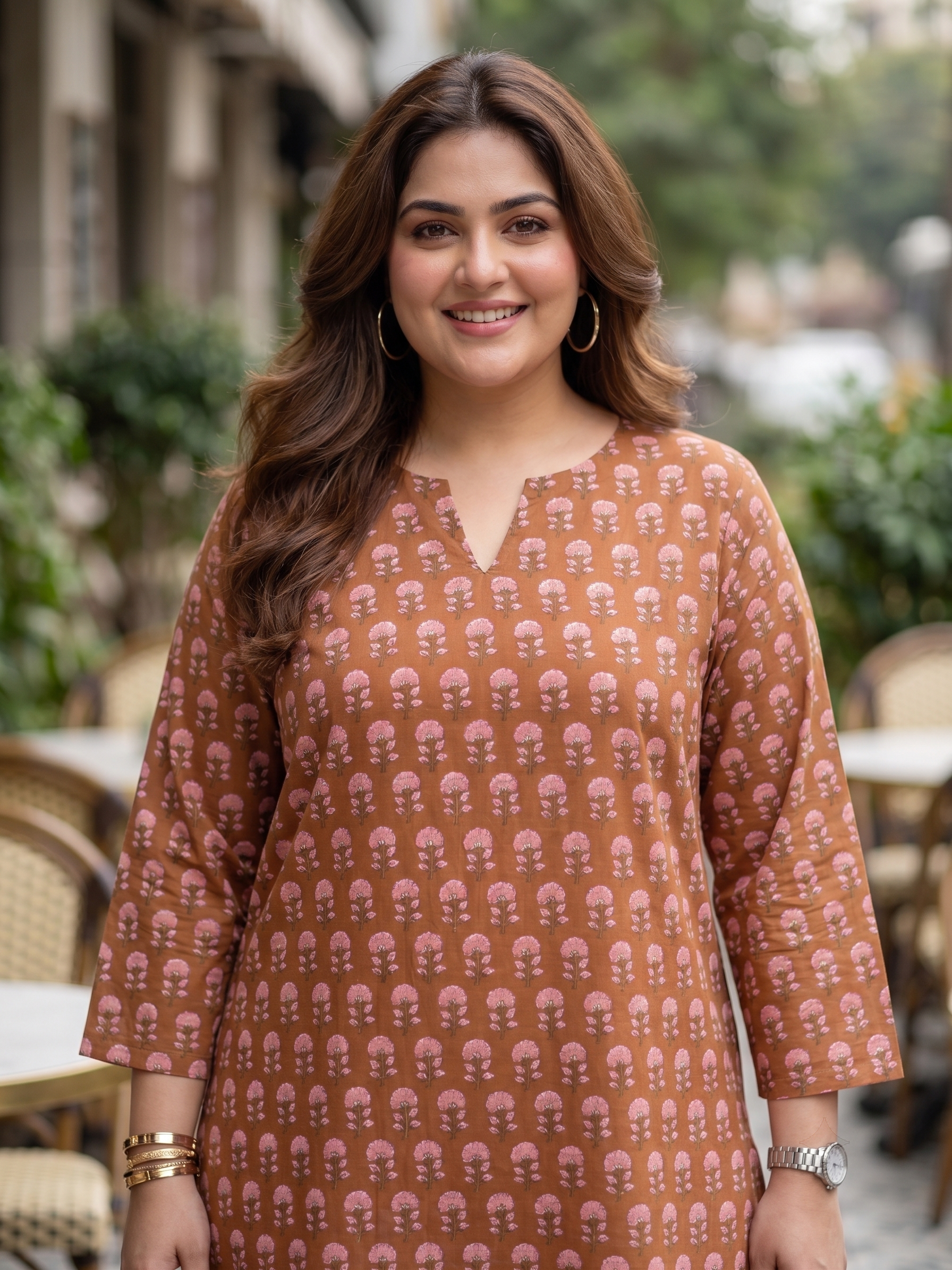 Plus Size Brown Printed Cotton Top for Women | Mandarin Neck Casual Kurti Top