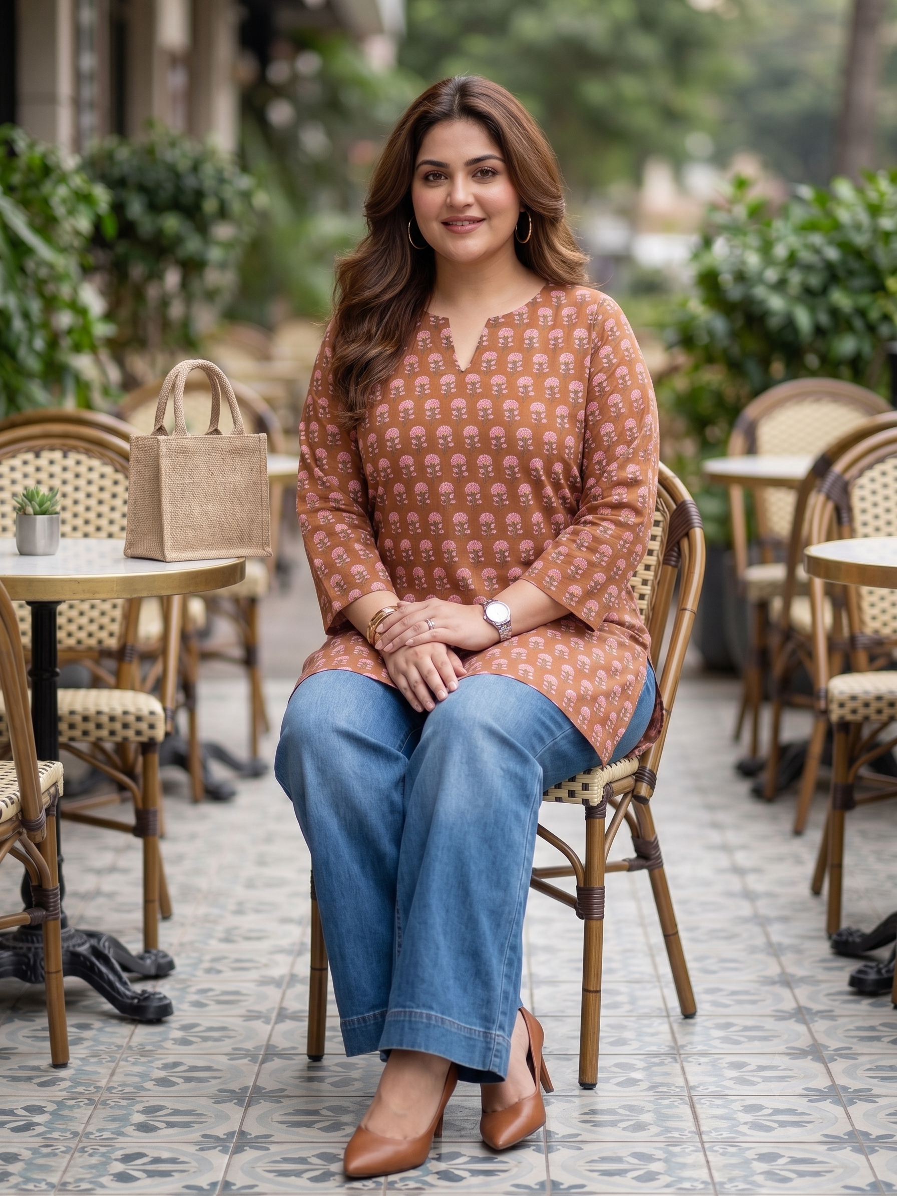 Plus Size Brown Printed Cotton Top for Women | Mandarin Neck Casual Kurti Top