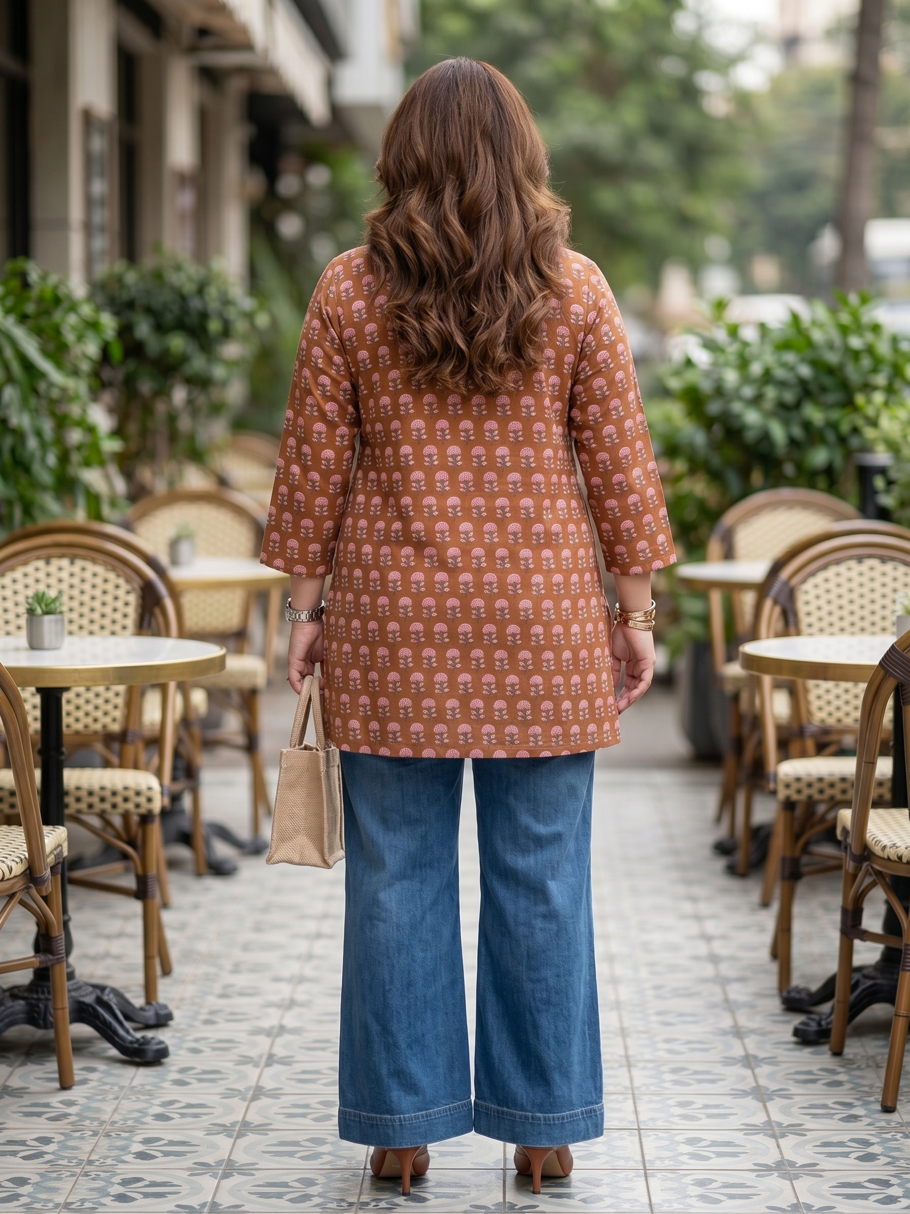 Plus Size Brown Printed Cotton Top for Women | Mandarin Neck Casual Kurti Top