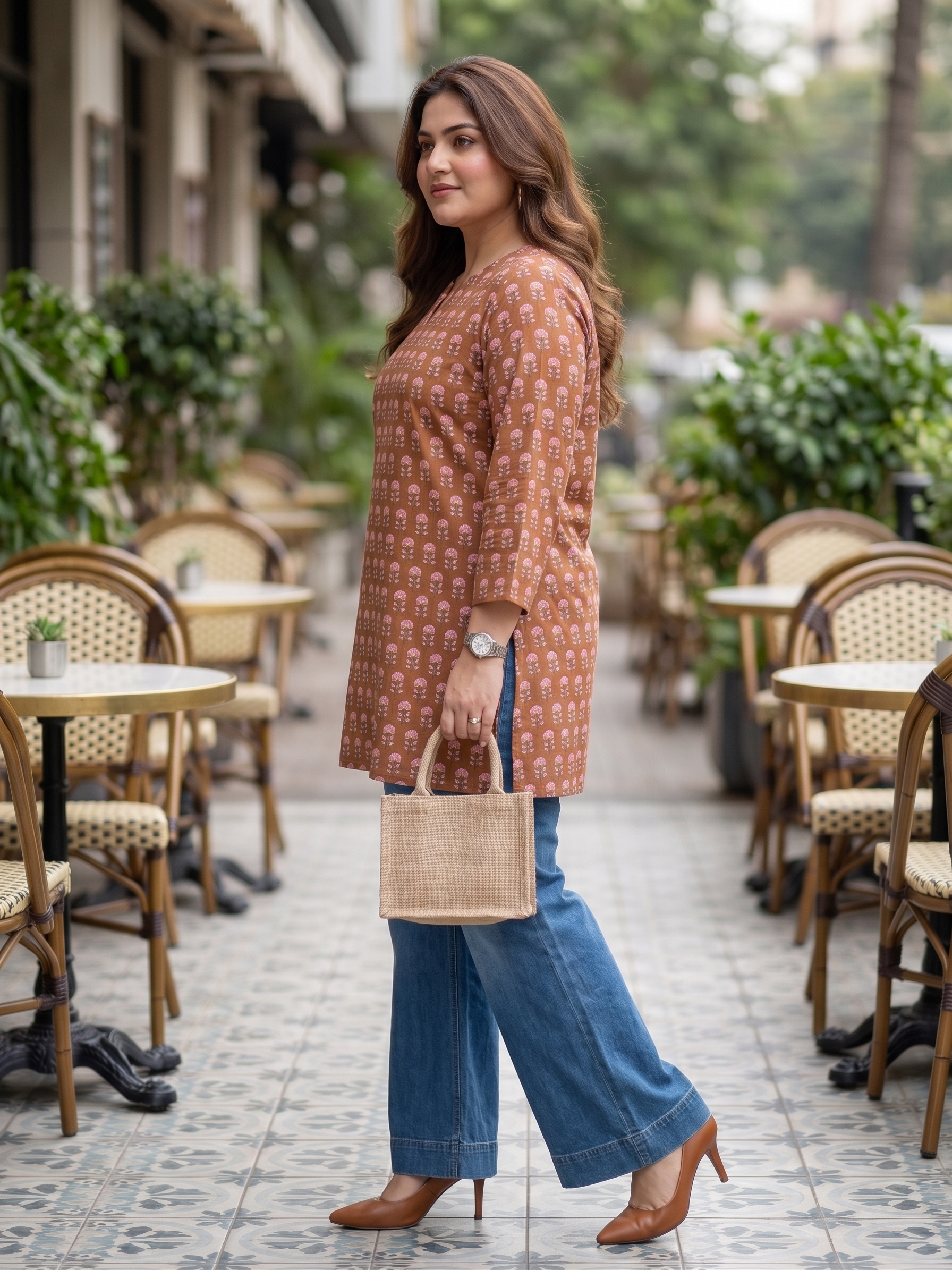 Plus Size Brown Printed Cotton Top for Women | Mandarin Neck Casual Kurti Top