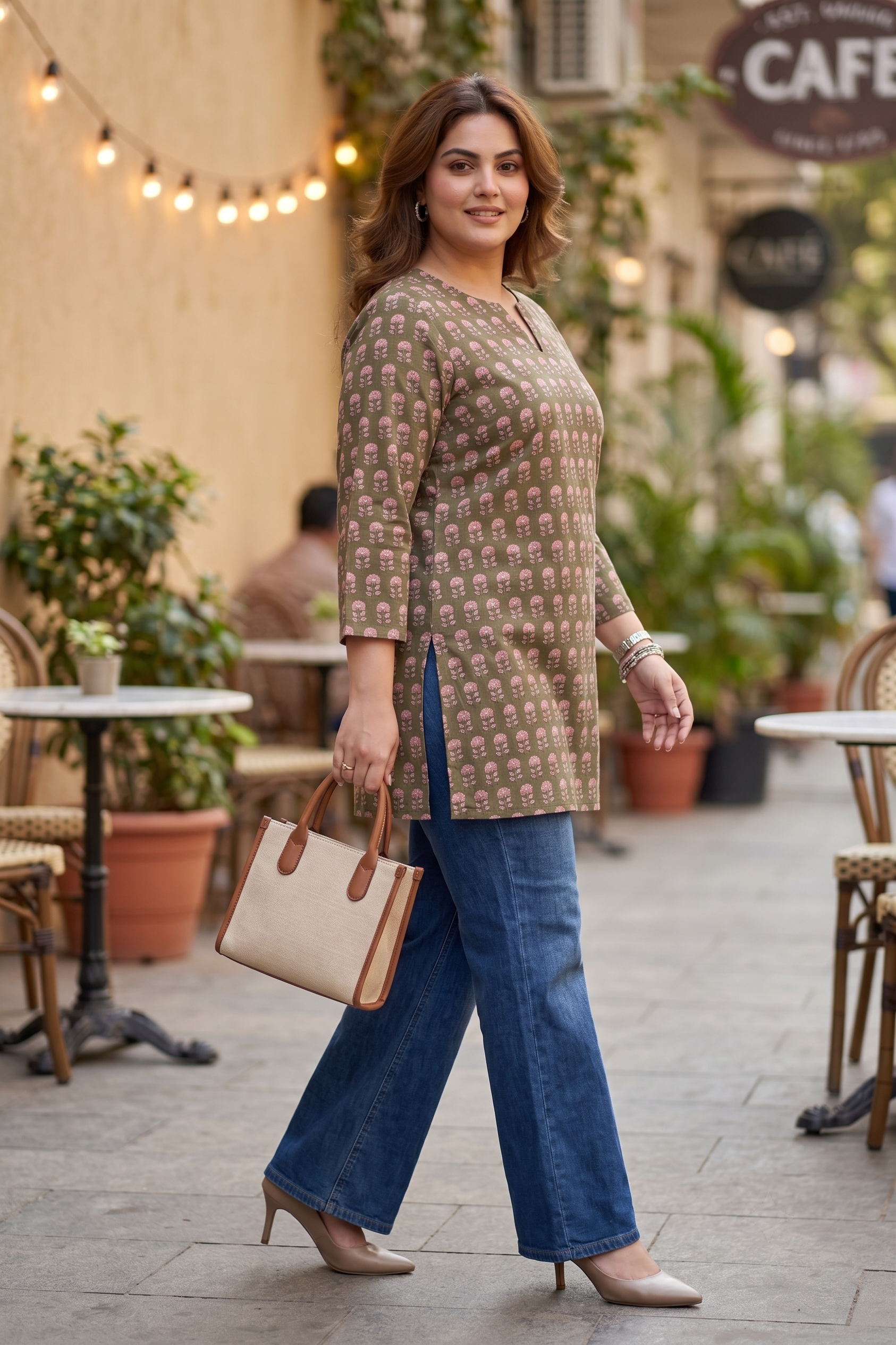 Plus Size Olive Green Printed Cotton Kurti Top for Women | Casual Straight Fit Top
