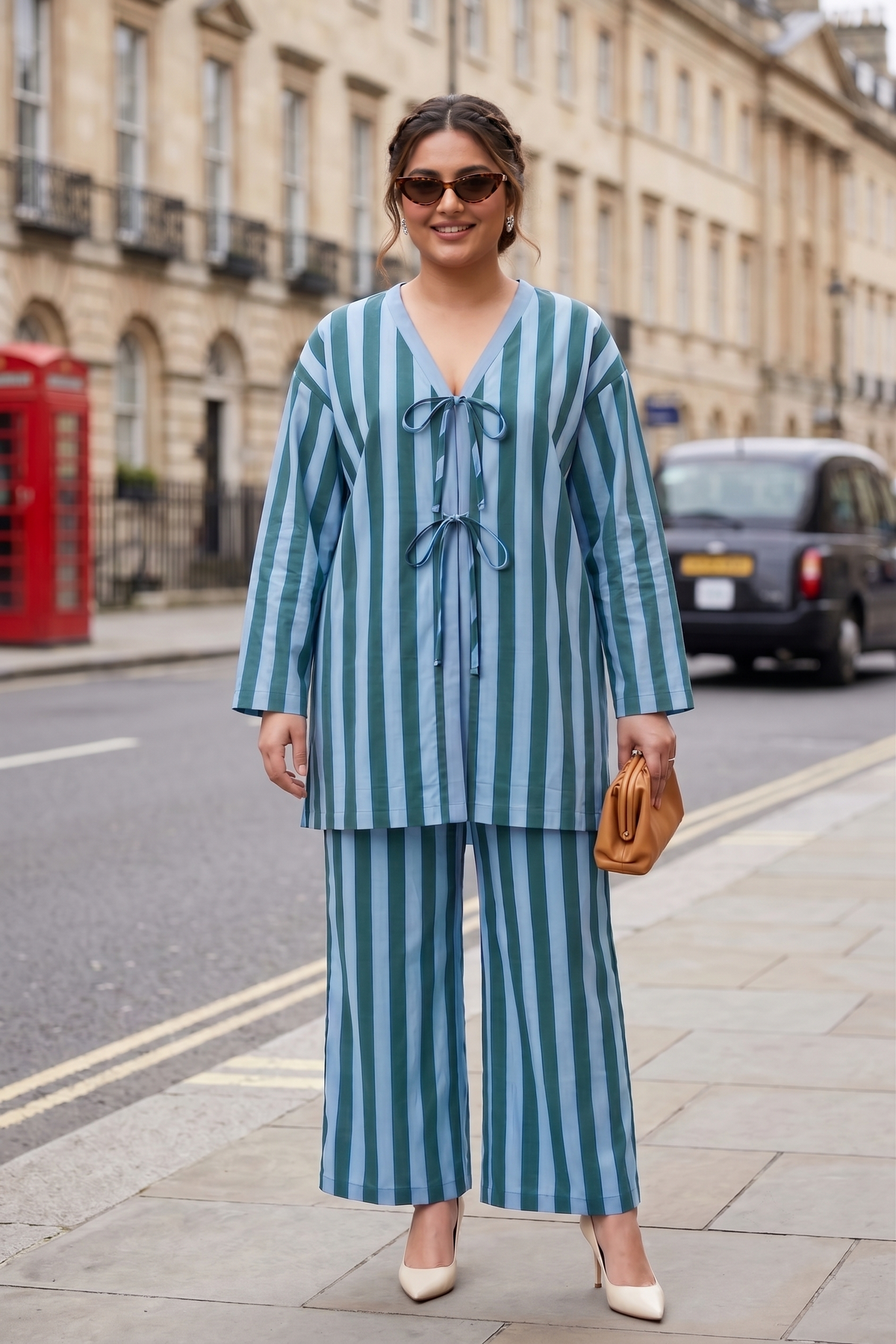 Plus Size Cotton Striped Co-ord Set – Blue & Green Tie-Front Top with Wide-Leg Pants
