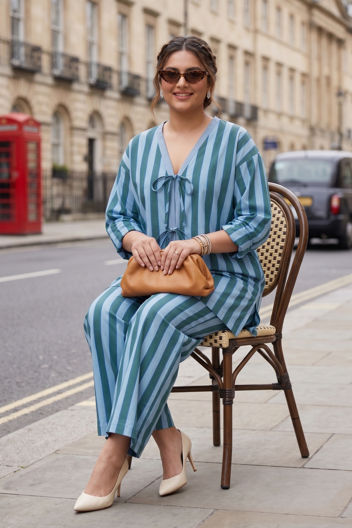 Plus Size 100% Cotton Striped Co-ord Set – Blue & Green Tie-Front Top with Wide-Leg Pants