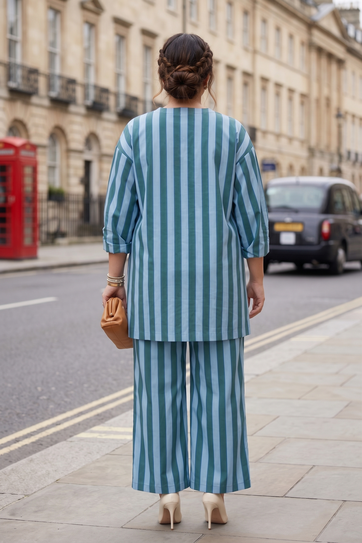 Plus Size 100% Cotton Striped Co-ord Set – Blue & Green Tie-Front Top with Wide-Leg Pants