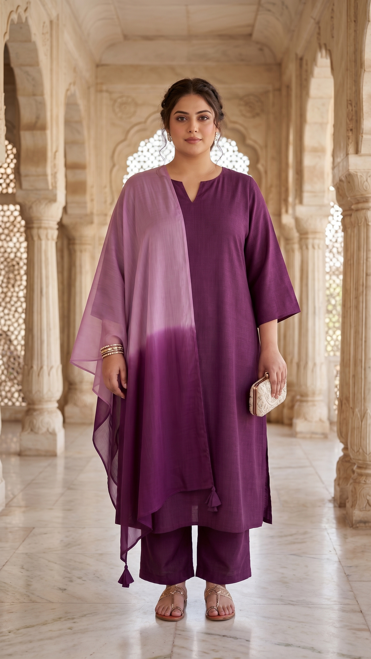 Plus Size Viscose Dupatta Set – Wine Kurta, Pant & Chiffon Dupatta