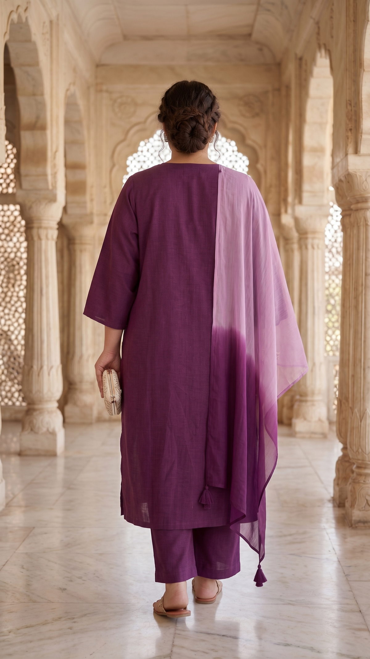 Plus Size Viscose Dupatta Set – Wine Kurta, Pant & Chiffon Dupatta