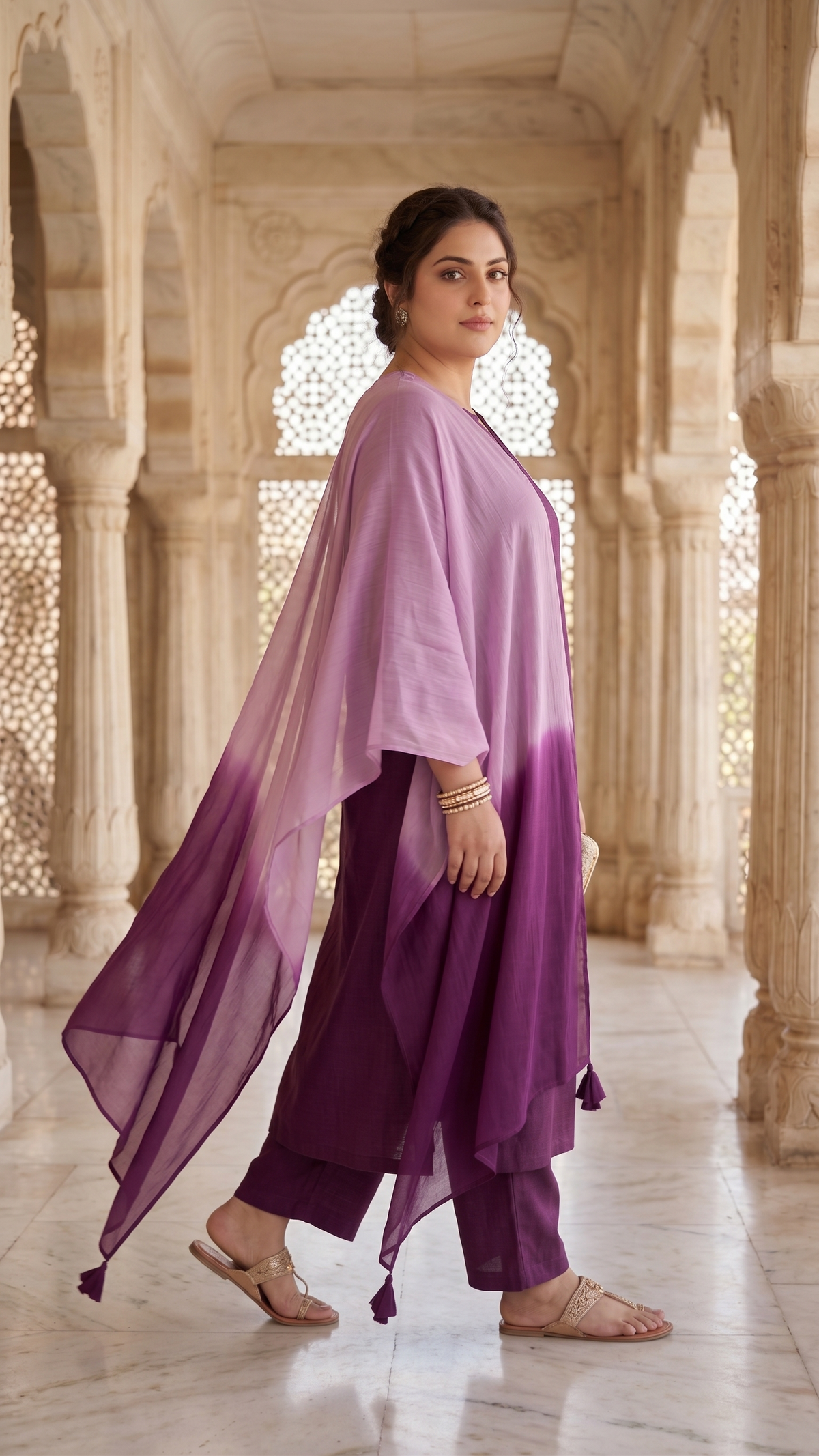 Plus Size Viscose Dupatta Set – Wine Kurta, Pant & Chiffon Dupatta
