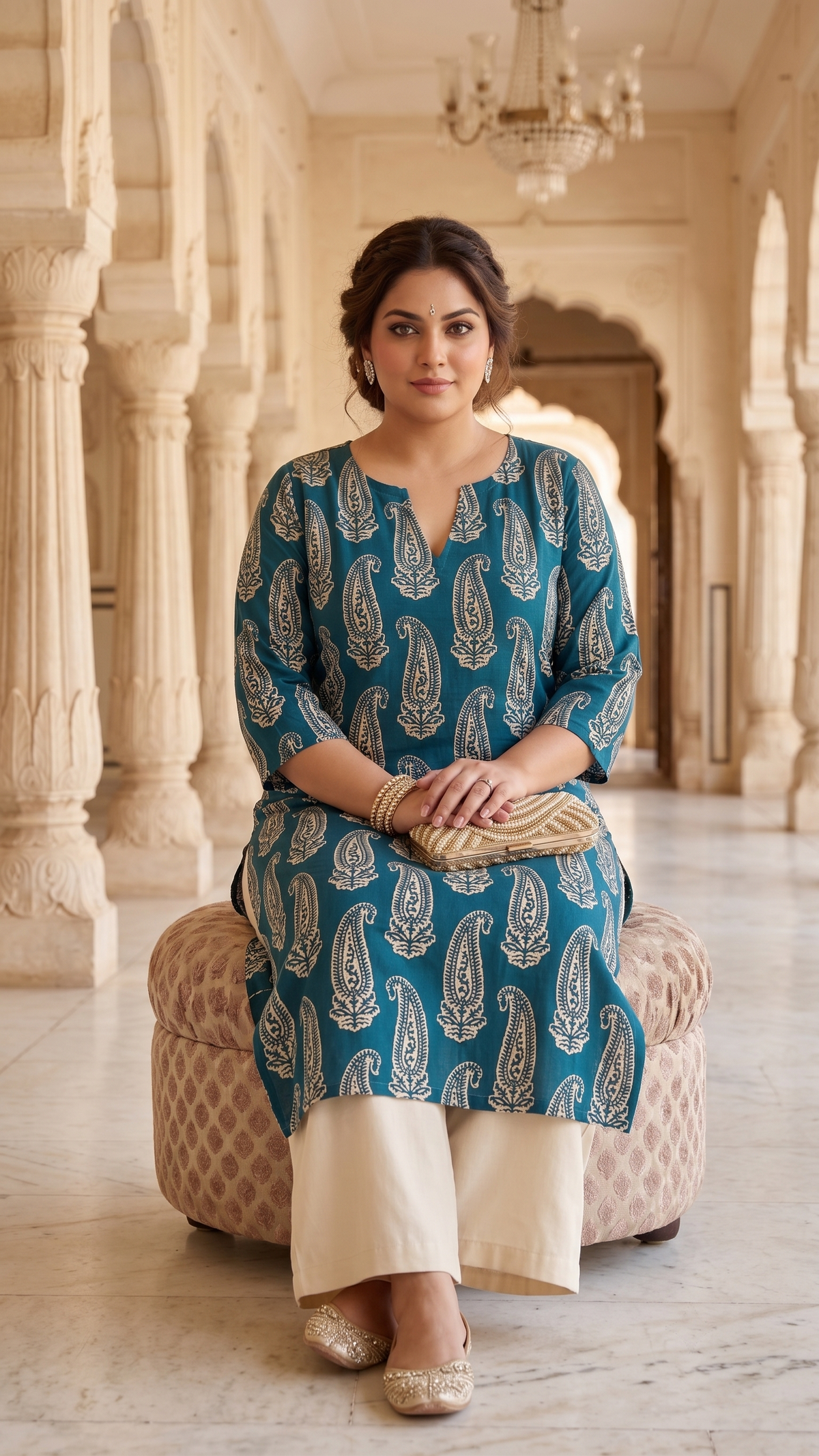 Plus Size Cotton Printed Kurta – Teal Paisley Straight Fit Kurta