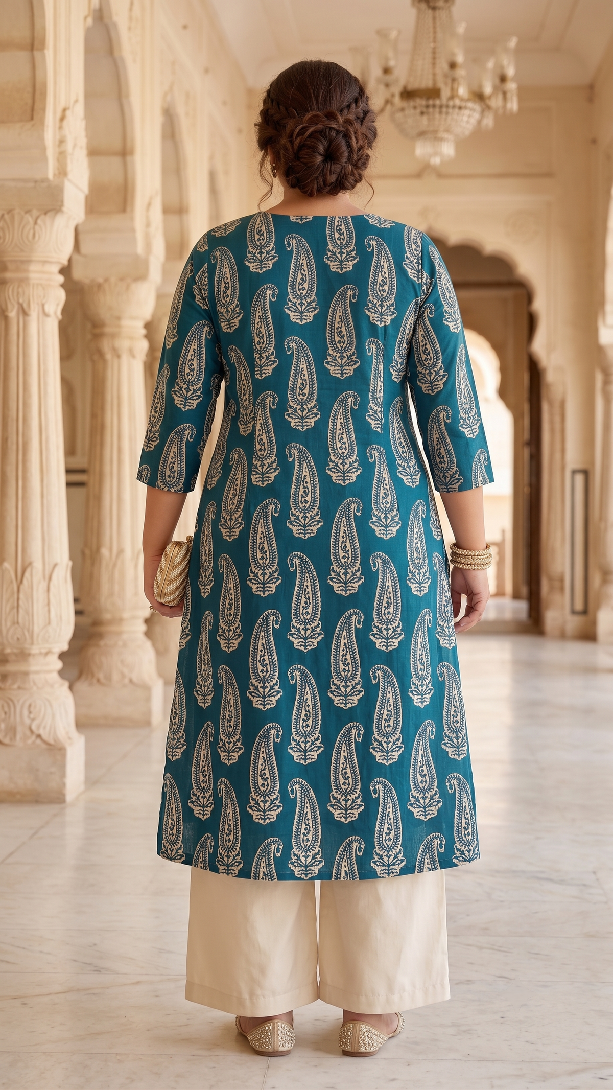 Plus Size 100% Cotton Printed Kurta – Teal Paisley Straight Fit Kurta