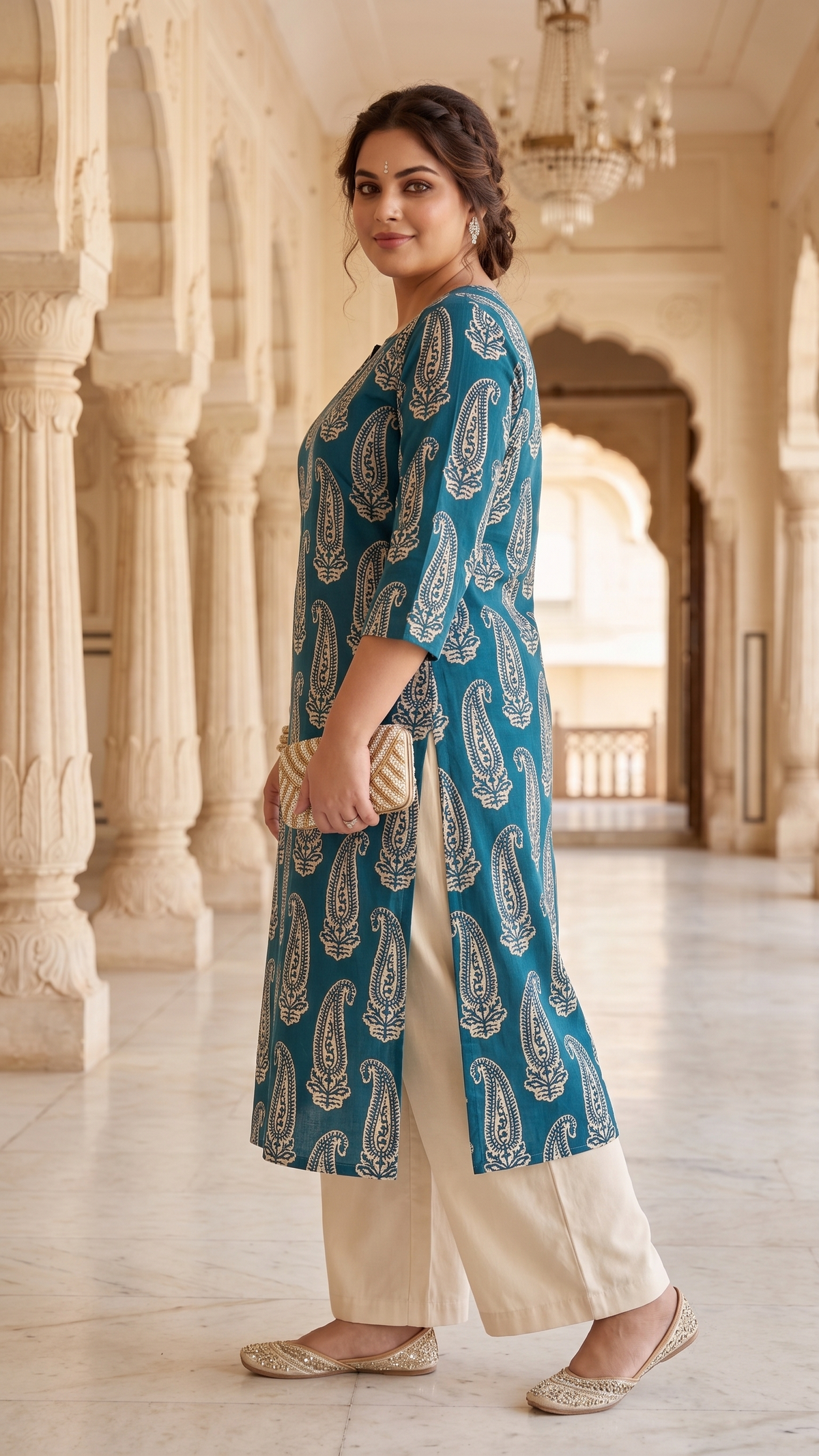 Plus Size 100% Cotton Printed Kurta – Teal Paisley Straight Fit Kurta