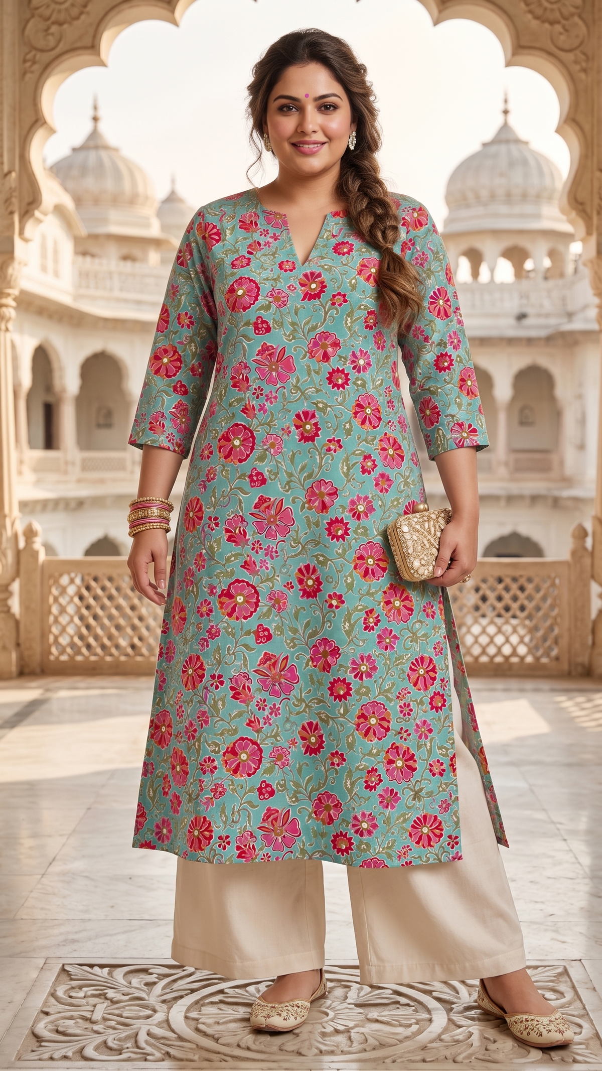 Plus Size Cotton Printed Kurta – Blue Floral Straight Fit Kurta